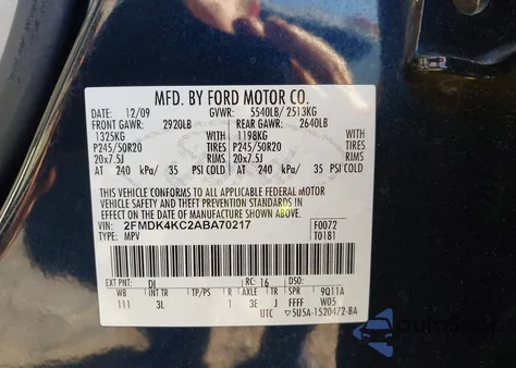 2010 Ford Edge Limited z USA, uszkodzony, nr VIN 2FMDK4KC2ABA70217